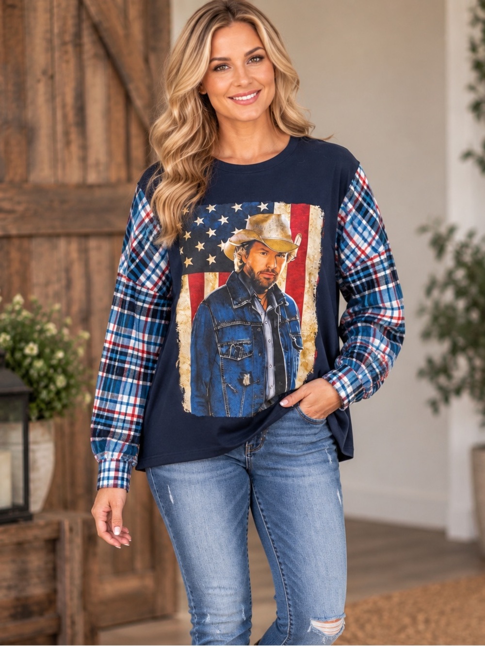 Toby Keith Upcycled Americana Plaid Sleeve Graphic Shirt Western Country